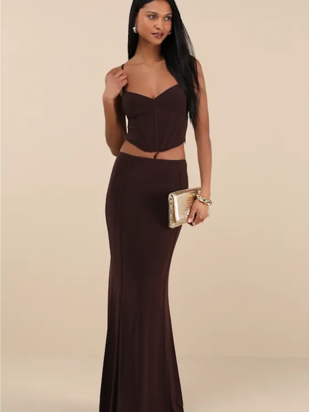 Lulus Skyela Dark Brown Bustier Two-Piece Maxi Dress
